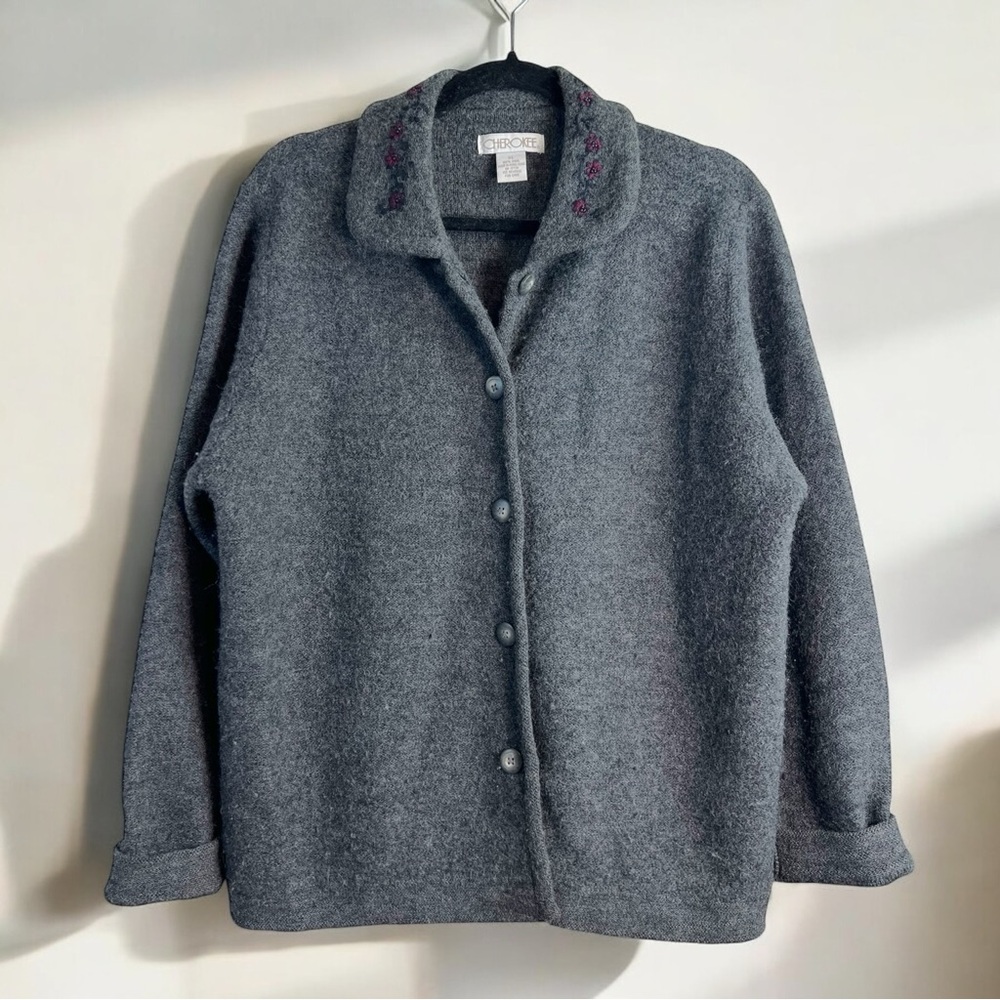 Cherokee 100% Wool Embroidered Cardigan Jacket – Cozy Vintage Gray XL - Picture 1 of 9